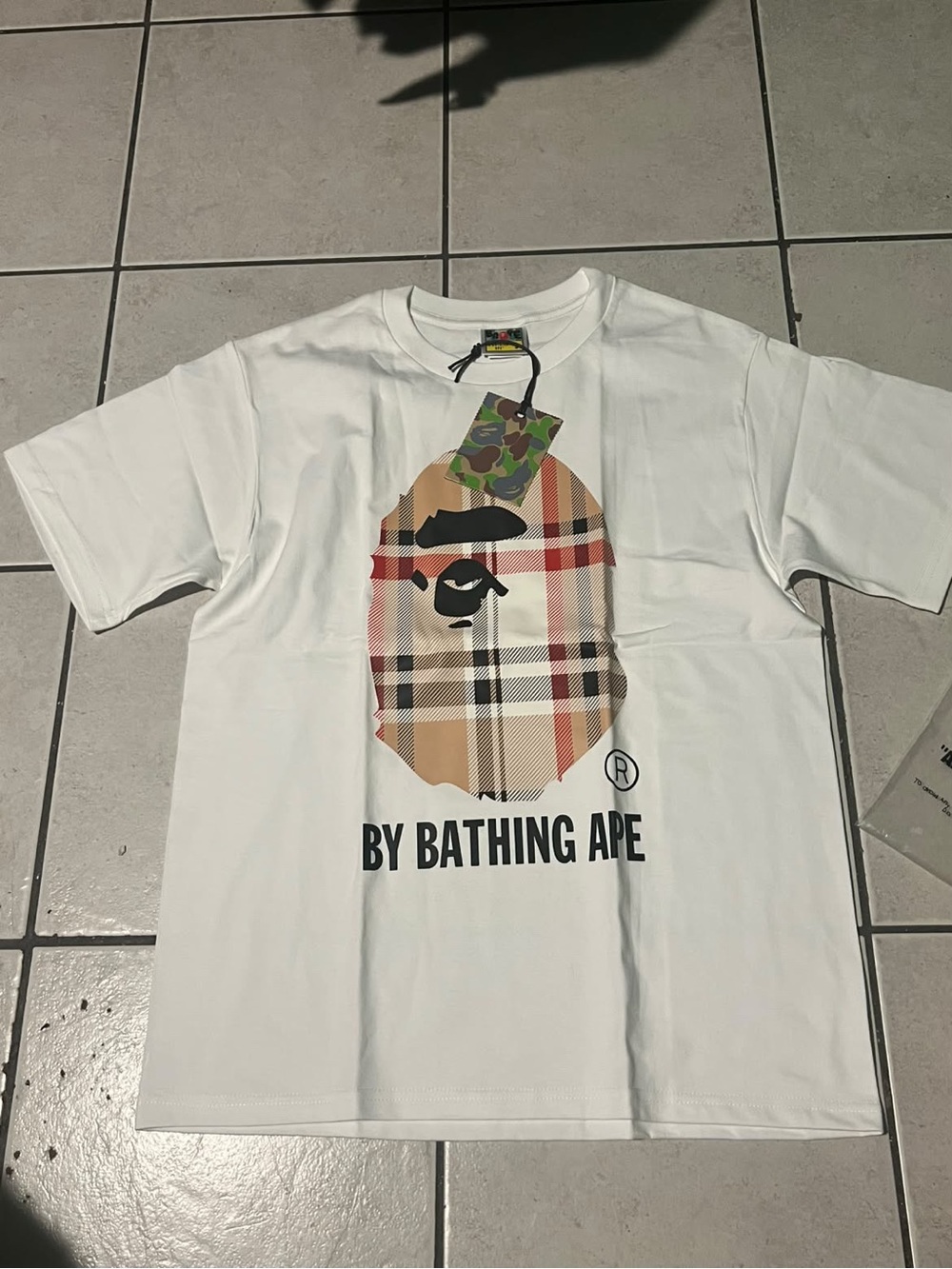 A Bathing Ape White Short-Sleeve Plaid Ape Head Graphic Tee